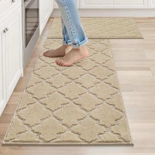 Soft Kitchen Rugs Set of 2 Non Slip 20"x32"+20"x48" (Warm Beige / 20 X 30 "+ 20 X 48 ")