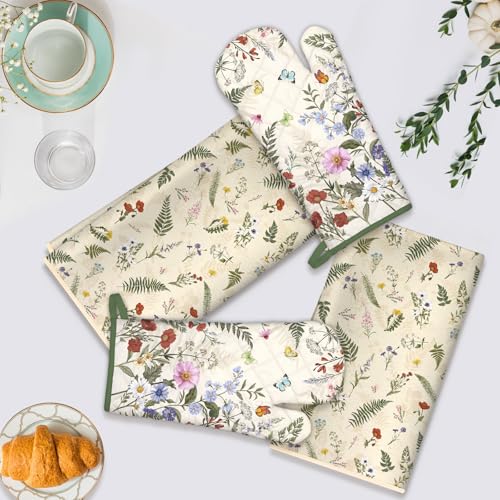 Rustic Flower Kitchen Towels and Oven Mitts Set 4Pcs (Flower)