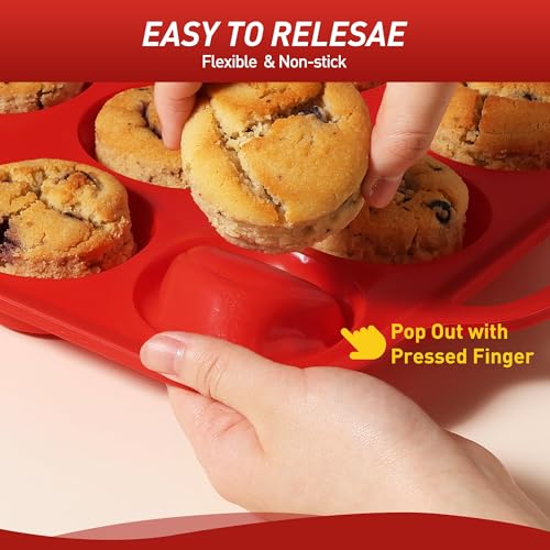 2 Packs 24 Cups Silicone Muffin Pan for Baking with Metal Reinforced Frame Mini Size Cupcake Pan Tray Chocolate Egg Pizza Bites Oven Cookie Mold Muffin Tin Tart Pans Sheet Set Small (2pc: 24-Cup Mini / Red)