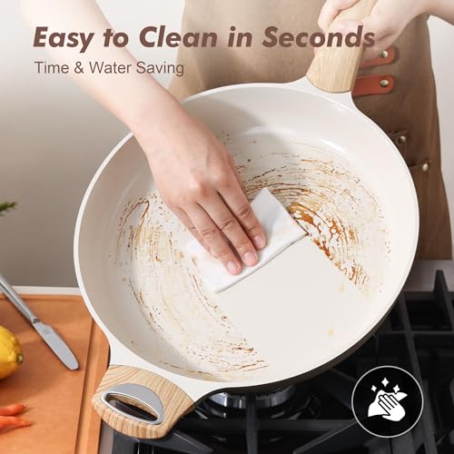 12.5inch Ceramic Nonstick Frying Pan Paella Pan with Lid (12.5 Inch / TAFFEE Taupe)