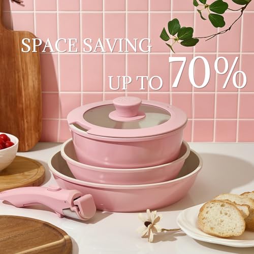 Ceramic Cookware Set Non Stick 8Pcs Pots and Pans Set Removable Handle Induction Kitchen Cookware Set with Frying Pans Oven Safe (Light Pink)