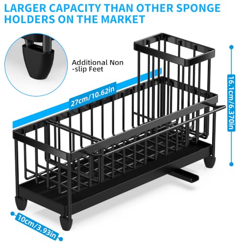 Larger Version Sponge Holder for Kitchen Sink (Black with Towel Rack)