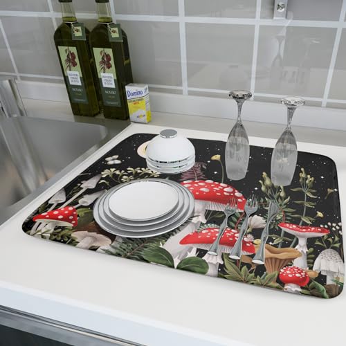 Red Mushroom Dish Drying Mat for Kitchen Counter Plant Leaves Drainer Mats Rack Holder Countertop Absorbent Microfiber Coffee Pads 18x24 Inch (Red Mushroom / 18" x 24")