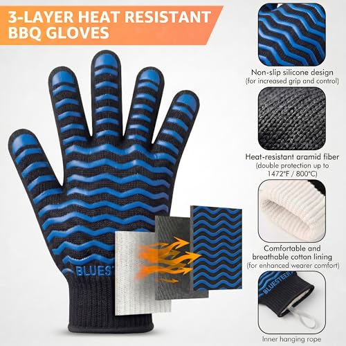 BBQ Gloves 1472°F Heat Resistant Oven Gloves with Fingers (Black-blue / One Size Fits Most)