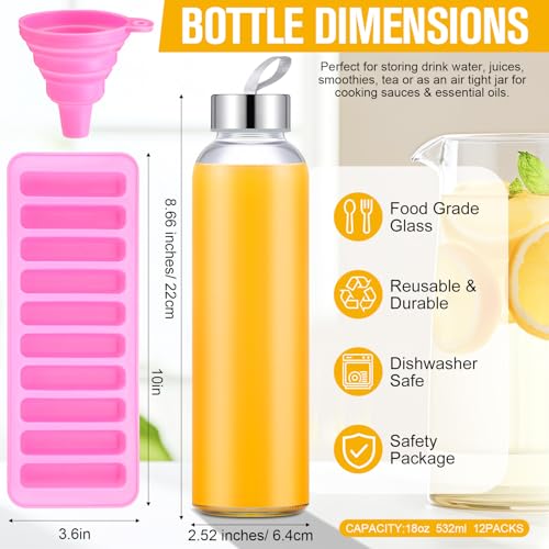 12 Pcs 18 oz Glass Water Bottles Glass Juice Bottles with Protection Sleeves