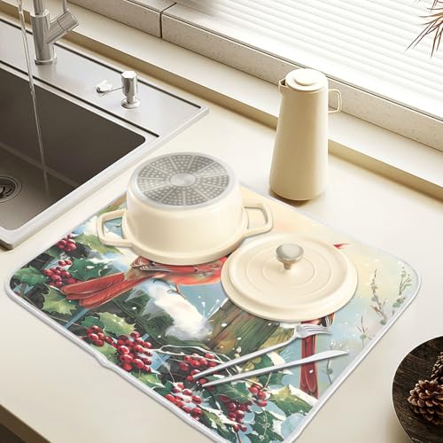 Winter Birds Snowflakes Berry Dish Drying Mat for Kitchen Counter Absorbent Microfiber Large Christmas Drying Pad Dish Mats for Kitchen Countertops 18 x 24 Inch (24" x 18")
