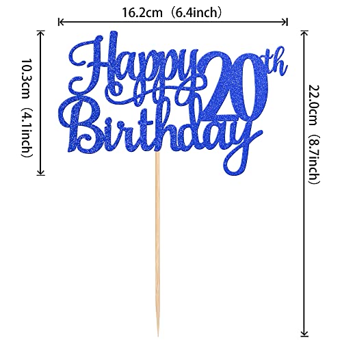 1 PCS Happy 20th Birthday Cake Topper Glitter Cheers to 20 Years Birthday Cake Pick Twenty 20 Fabulous Cake Decoration for Happy 20th Birthday Theme Party Decorations Supplies Blue (Blue / 20th)