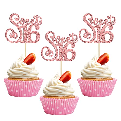 24 Pack 16th Birthday Cupcake Toppers Glitter Sixteen Happy Sweet 16 Cupcake Picks Cheers to 16 Years Old Cupcake Decorations for 16th Birthday Anniversary Party Cake Supplies Rose Gold (24 Count)