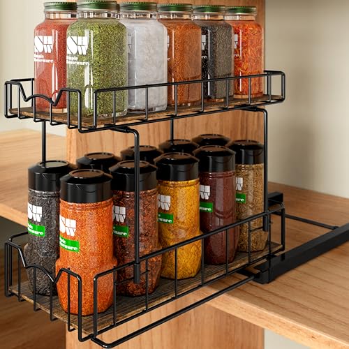 2 Tier Spice Rack Slide Out Wire Basket Drawer (Black)