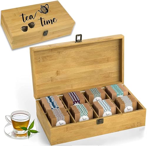 Bamboo Tea Organizer Box Chemical Free Eco (8-Slot Rectangular / Tea Time Pot & Cups)