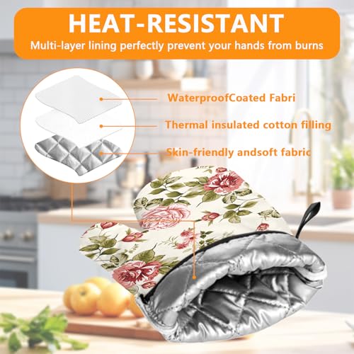 Red Rose Oven Mitts and Pot Holders Sets 4Pcs (Red Rose)