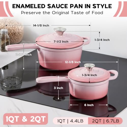 Cast Iron Sauce Pan Pot (Pink / 1+2 Quarts)
