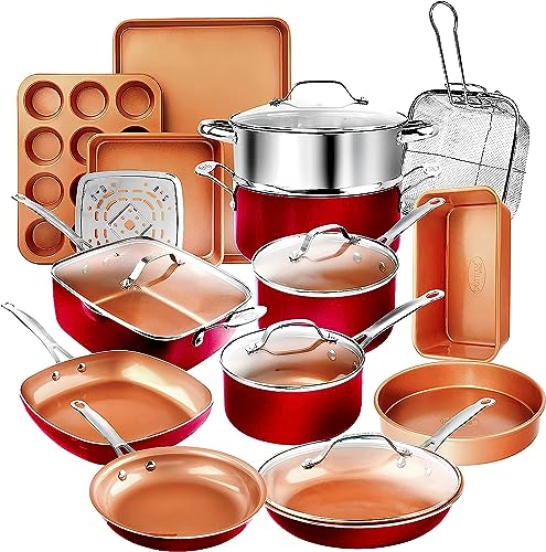 20 Pc Pots and Pans Set Nonstick Cookware + Bakeware Set (Red / 20 Piece Set)