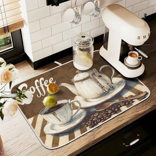 Coffee Themed Dish Drying Mat for Kitchen Counter Absorbent Microfiber Small Drying Pad Dish Mats for Kitchen Countertops 16 x 18 Inch242 (18" x 16")