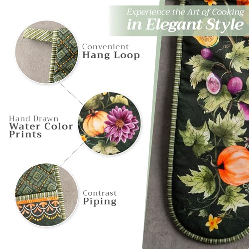Double Oven Mitts 100% Cotton Double Oven Glove (026 - Pumpkin Garden - Dark Green / 7" x 35" (Double Oven Mitt))