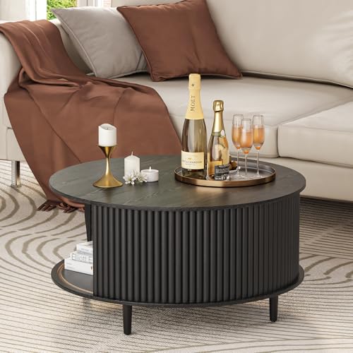 Round Coffee Table with Storage for Living Room (Charcoal Black)
