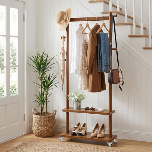 Coat Rack Freestanding Solid Wood Clothes Rack with Wheels