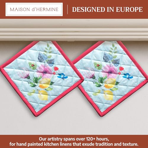 Pot Holders 100% Cotton Potholders (093 - Jardin D'ete - Mint / 8" x 8" (Pot Holder Pack of 2))