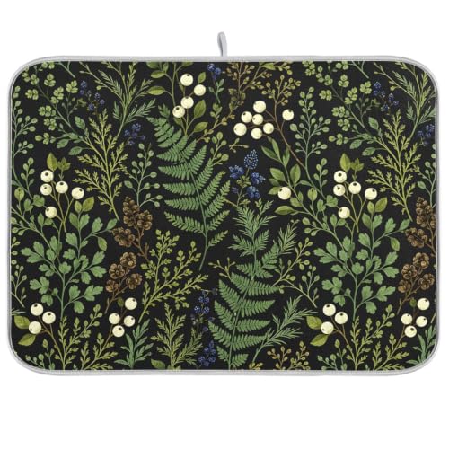 Sage Leaves Botanical Berry Plant Dish Drying Mat for Kitchen Counter Absorbent Microfiber Drying Pad (18" x 24")