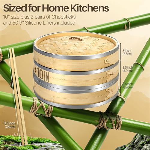 10 Inch Bamboo Steamer Basket Set with Stainless Steel Banding