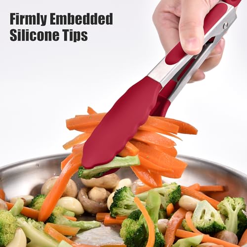 Kitchen Tongs with Silicone Tips for Cooking Serving (7in / Red)