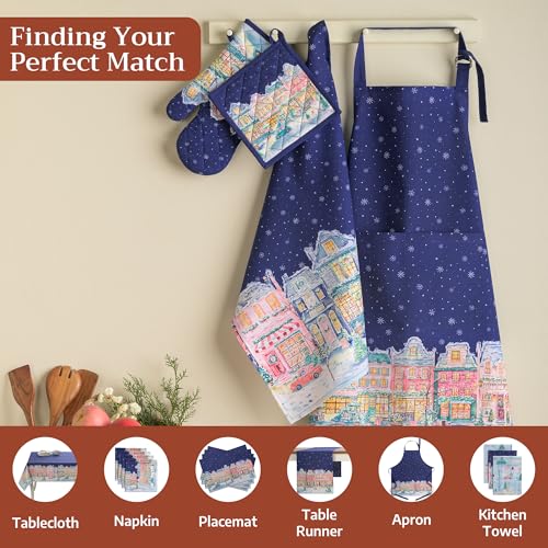 Maison d'Hermine Oven Gloves 100% Cotton Oven Mitt (123 - Christmas Market - Blue / 7.5" x 13" (Oven Mitt))