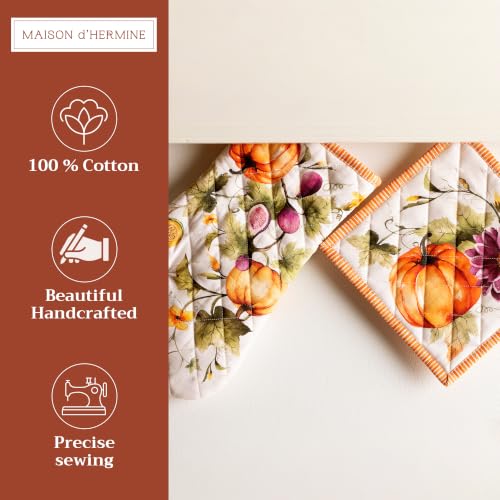 100% Cotton Oven Mitt & Pot Holder Set (069 - Pumpkin Garden - Cloudy Cream / 7.5" x 13" & 8" x 8" (Oven Mitt & Pot Holder))