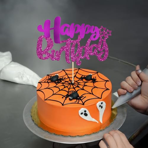 1Pcs Happy Birthday Cake Topper Glitter Happy Birthday Cake Pick Decorations for Celebrating Baby Shower Theme Kids Boys Girls Anniversary Party Decorations Supplies Purple (Style 2 / Purple)