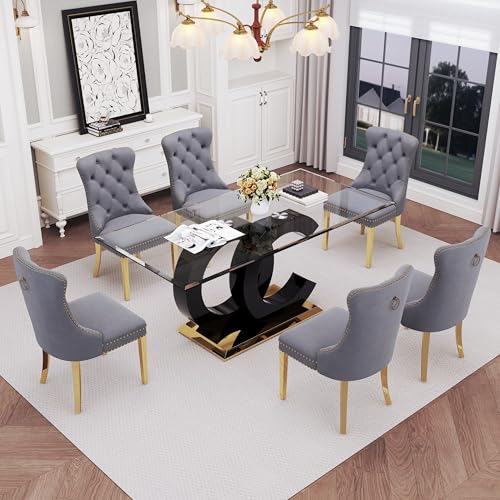 7 Piece Glass Dining Table Set for 6 (Black Table & Gold Grey Chair / 7-Piece Set-OC-Shaped Table)