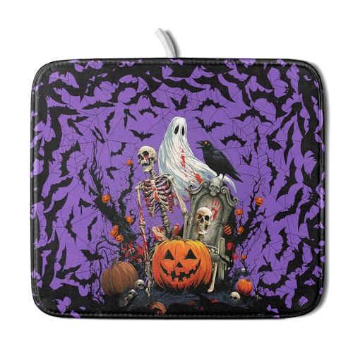 Halloween Pumpkin Dish Drying Mat 16x18 inch Spooky Ghost Bat Dish Rack Mats Microfiber Draining Pad Fast Dry Holiday Kitchen Accessories (Halloween Purple / 16x18 inch)
