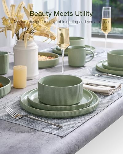 Star Stoneware Dinnerware Sets with Pasta Bowls (Matte Sage Green)