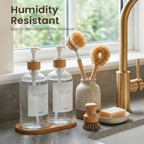 Dish Soap Dispenser Set (Clear Bottles White Bamboo Pumps)