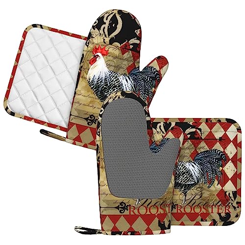 Rooster Print Oven Mitts and Pot Holders Sets Silicone Rooster Kitchen Mitts Potholders Heat Resistant 4Pcs Oven Gloves Hot Pads for Kitchen Baking Cooking BBQ Grilling (Rooster)