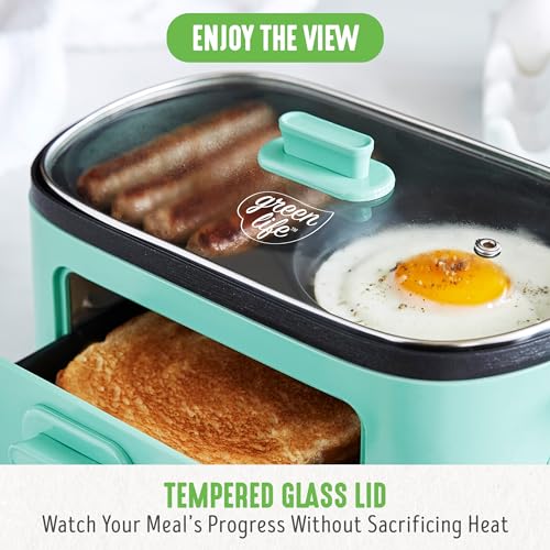 3-in-1 Breakfast Maker Station, Healthy Ceramic Nonstick Dual Griddles for Eggs Meat Sausage Bacon Pancakes and Breakfast Sandwiches, 2 Slice Toast Drawer, Easy-to-use Timer, Turquoise (Turquoise / 11" Breakfast Maker / Breakfast Maker)