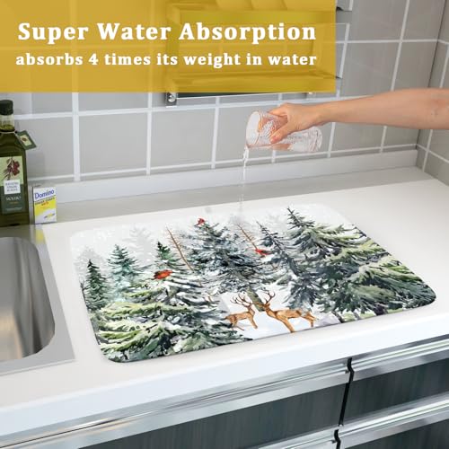 Pine Tree Dish Drying Mat for Kitchen Counter 18x24 Inch Forest Deer Absorbent Dishes Drainer Mats Reversible Microfiber Quick Dry Rack Pad (Pine Tree Deer / 18" x 24")
