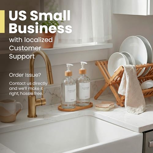 Dish Soap Dispenser Set (Clear Bottles White Bamboo Pumps)