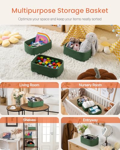 Small Woven Storage Basket for Organizing (Green / 12"L x 8"W x 4.5"H)