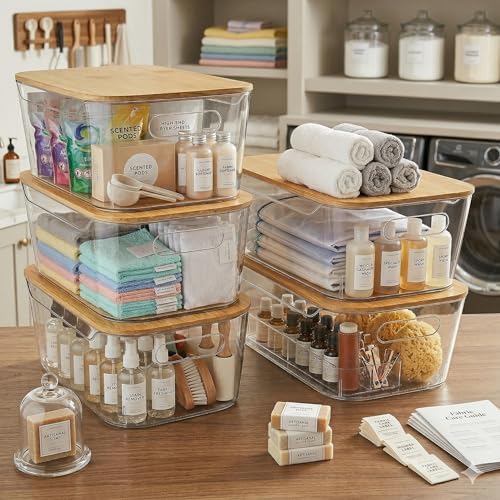 6 Pack Clear Stackable Storage Bins with Bamboo Lids (6 Pack Storage Bins with Lids)
