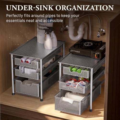 Stackable 3 Tier Sliding Basket Organizer Drawer (3-Tier / Silver)