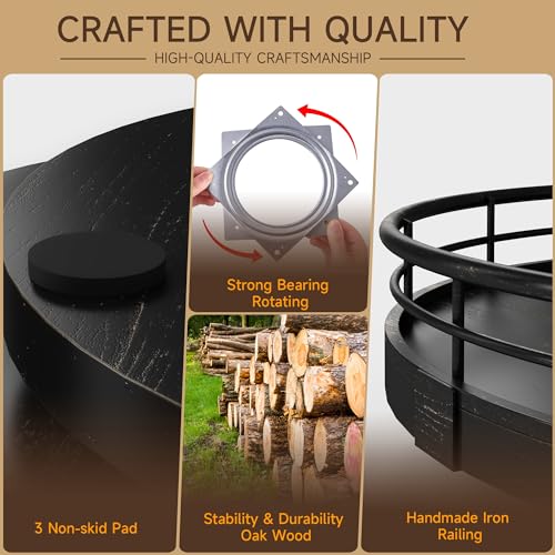 13 Inch Oak Lazy Susan Vanity Tray with Black Brushed Gold Finish Rail