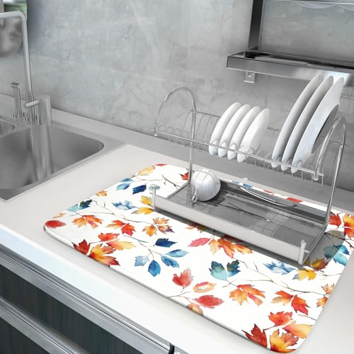 Autumn Leaf Dish Drying Mat Large Fall Colorful Leaves Absorbent Dish Drain Mats for Kitchen Counter (Autumn Leaf 606 / 24" x 18")