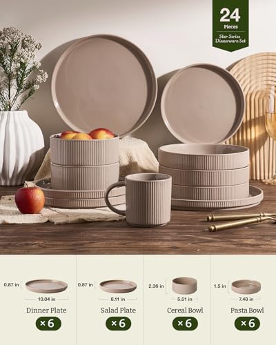 Stoneware Dinnerware Set with Pasta Bowls (Cinnamon Brown / Service for 6 - Double Bowls)