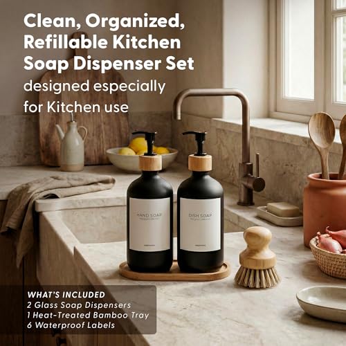 Glass Dish Soap Dispenser for Kitchen Set of 2 (Black Bottles/Black Bamboo Pumps)