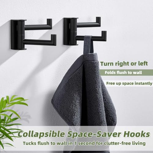 Matte Black Swivel Towel Hooks for Bathrooms (2 Pack / Matte Black)