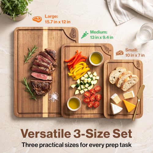 Acacia Wood Cutting Boards for Kitchen Set of 3 (3 Pack Beeswax no Stand)