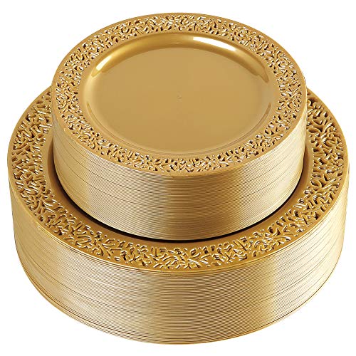 102 PCS Brown Gold Plastic Plates (102 Pieces / Solid Gold)