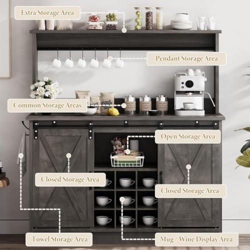 47" Farmhouse Coffee Bar Cabinet with Storage Hutch (47Inch / Grey)