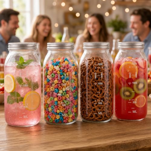 64 oz Large Plastic Mason Jars with Airtight Lids Wide Mouth (2 Pack Silver)