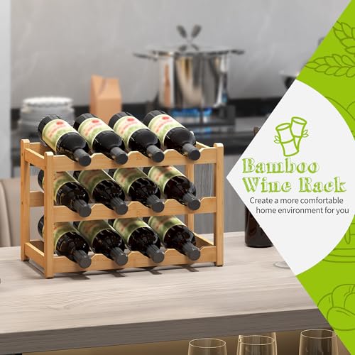 Bamboo Wine Rack Wine Storage Cabinet Shelf 12 Bottle Wine Racks Countertop Sturdy for Kitchen Dining Room Pantry (Natural / 3 Tier)