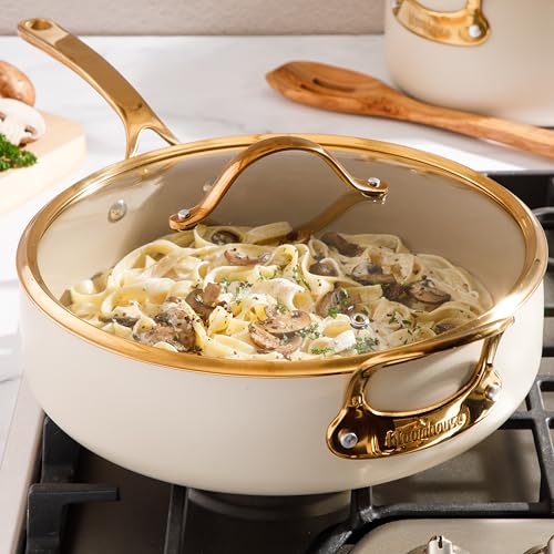 Non Stick Frying Pan (Almond Cream w/ Gold Handle / Saute Pan w/ Lid (6-Quart))